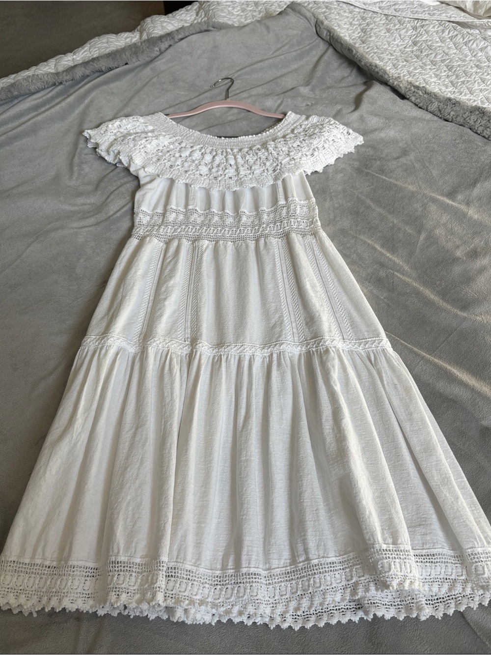 Boutique White Cottagecore Crochet off the shoulder Cotton women’s Dress Medium